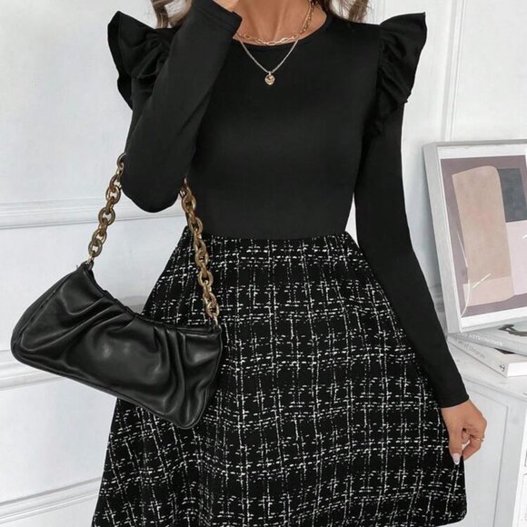 Women's Dress Patchwork Tweed Tight A Hem Waisted Long Sleeve - NWT - Picture 2 of 5